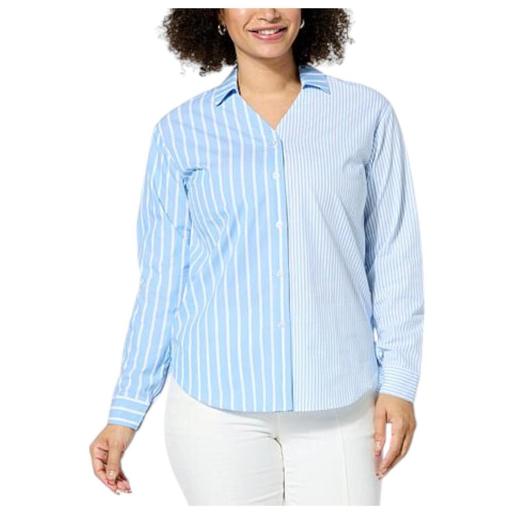 Lacey Chabert Mixed Stripe Button-Down Top Wisteria Blue/White - Regular